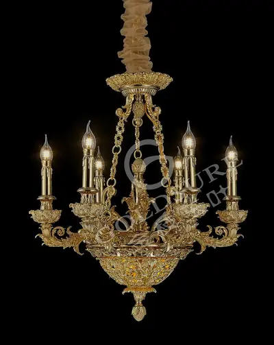 Đèn chùm cổ điển đồng màu vàng 24K, 6 bóng, Ø63 cm