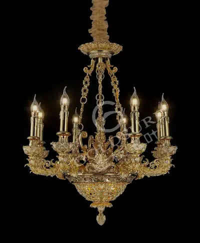Đèn chùm cổ điển đồng màu vàng 24K, 8 bóng, Ø69 cm