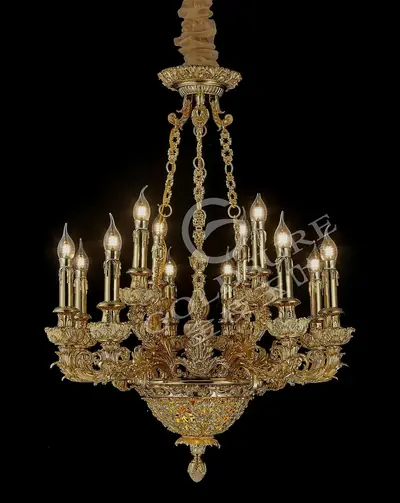 Đèn chùm cổ điển đồng màu vàng 24K, 12 bóng, Ø69 cm