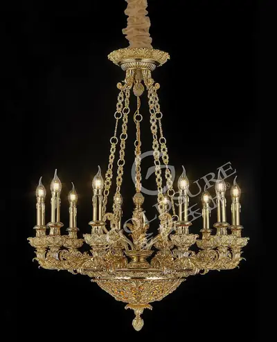 Đèn chùm cổ điển đồng màu vàng 24K, 10 bóng