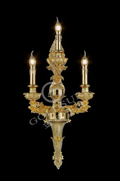 Đèn tường cổ điển đồng màu vàng 24K, 3 bóng