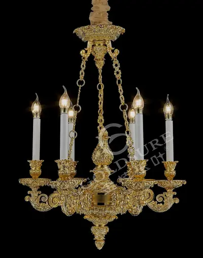 Đèn chùm cổ điển đồng màu vàng 24K, 6 bóng, Ø60 cm