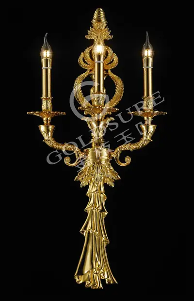 Đèn tường cổ điển đồng màu vàng 24K, 3 bóng