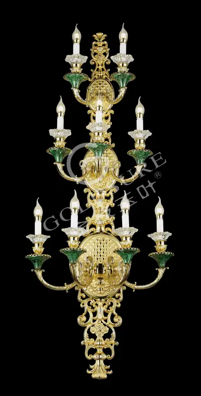 Đèn tường cổ điển đồng màu vàng 24K, 9 bóng
