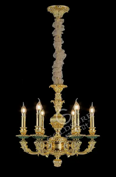 Đèn chùm cổ điển đồng màu vàng 24K, 6 bóng, Ø57 cm (đá khổng tước)