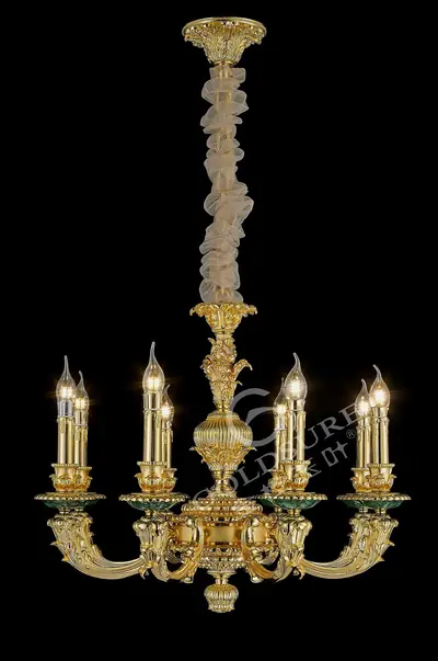 Đèn chùm cổ điển đồng màu vàng 24K, 8 bóng, Ø68 cm (đá khổng tước)