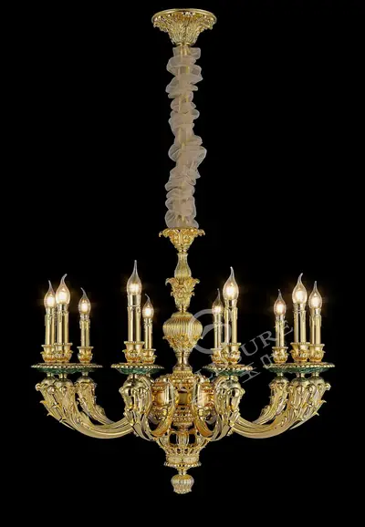 Đèn chùm cổ điển đồng màu vàng 24K, 10 bóng, Ø82 cm (đá khổng tước)