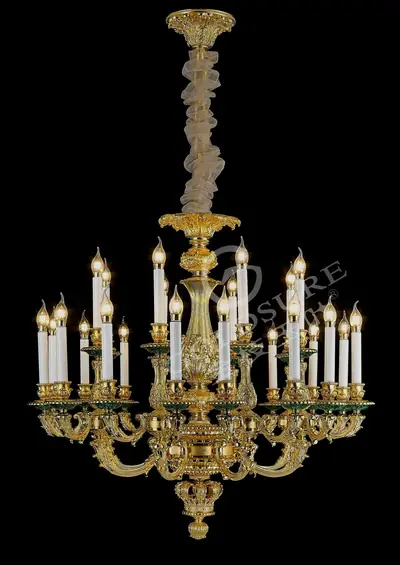 Đèn chùm cổ điển đồng màu vàng 24K, 24 bóng, Ø105 cm (đá khổng tước)