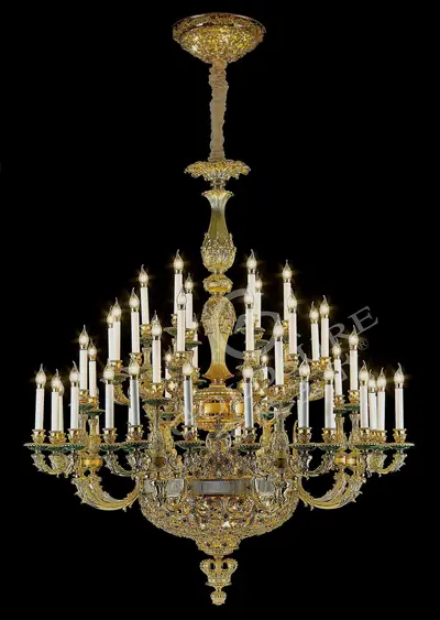 Đèn chùm cổ điển đồng màu vàng 24K, 50 bóng, Ø150 cm (đá khổng tước)