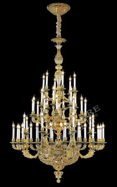 Đèn chùm cổ điển đồng màu vàng 24K, 56 bóng, Ø150 cm (đá khổng tước)