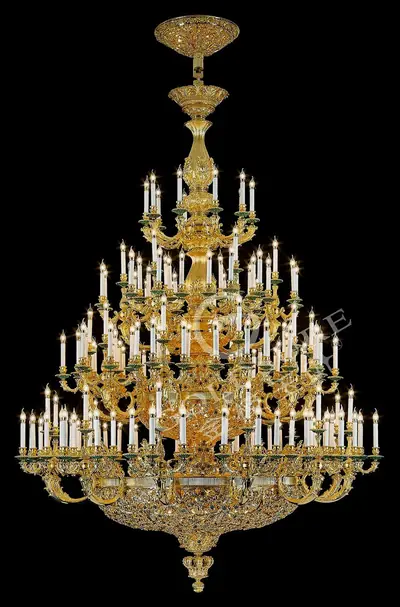 Đèn chùm cổ điển đồng màu vàng 24K, 178 bóng, Ø233 cm (đá khổng tước)