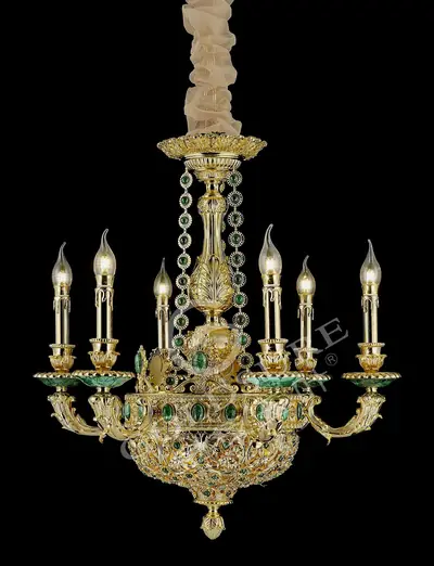 Đèn chùm cổ điển đồng màu vàng 24K, 6 bóng, Ø66 cm