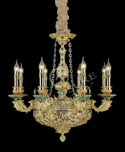 Đèn chùm cổ điển đồng màu vàng 24K, 8 bóng, Ø76 cm