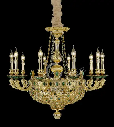 Đèn chùm cổ điển đồng màu vàng 24K, 10 bóng, Ø92 cm