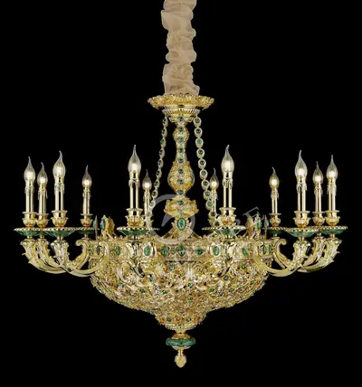 Đèn chùm cổ điển đồng màu vàng 24K, 12 bóng, Ø110 cm