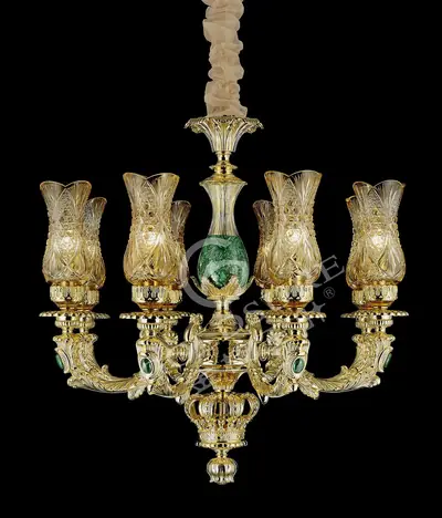 Đèn chùm cổ điển đồng màu vàng 24K, 8 bóng, Ø70 cm