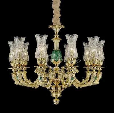 Đèn chùm cổ điển đồng màu vàng 24K, 10 bóng, Ø85 cm