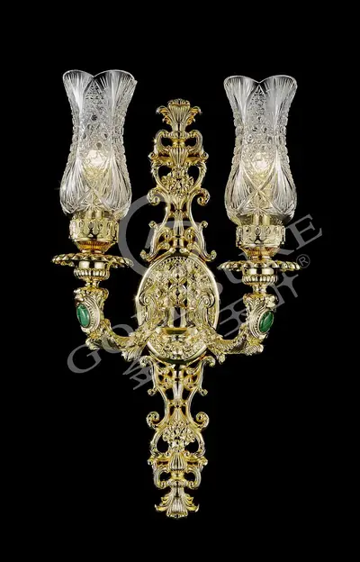 Đèn tường cổ điển đồng màu vàng 24K, 2 bóng