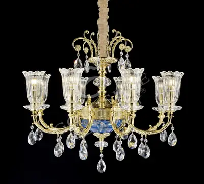 Đèn chùm cổ điển đồng màu vàng 24K, 8 bóng, Ø71 cm