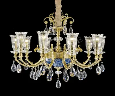 Đèn chùm cổ điển đồng màu vàng 24K, 10 bóng, Ø85 cm