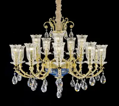 Đèn chùm cổ điển đồng màu vàng 24K, 15 bóng, Ø85 cm
