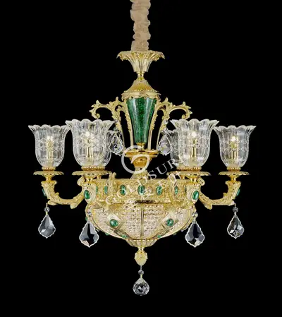 Đèn chùm cổ điển đồng màu vàng 24K, 6 bóng, Ø68 cm