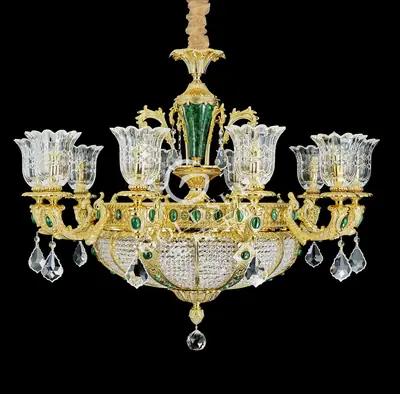 Đèn chùm cổ điển đồng màu vàng 24K, 10 bóng, Ø93 cm