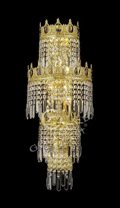 Đèn tường cổ điển đồng màu vàng 24K, 6 bóng (pha lê trong)