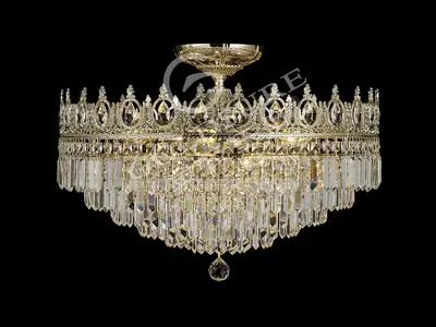 Đèn ốp trần cổ điển đồng màu mạ vàng, Ø60 cm (pha lê trong)