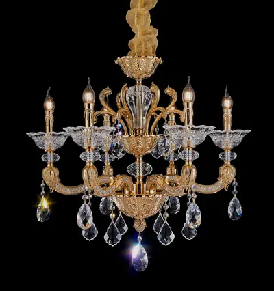 Đèn chùm cổ điển đồng màu vàng 24K, 6 bóng, Ø75 cm