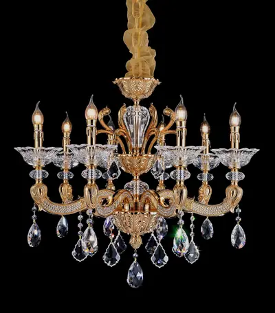 Đèn chùm cổ điển đồng màu vàng 24K, 8 bóng, Ø80 cm