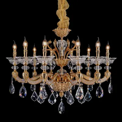 Đèn chùm cổ điển đồng màu vàng 24K, 10 bóng, Ø95 cm