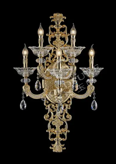 Đèn tường cổ điển đồng màu vàng 24K, 5 bóng