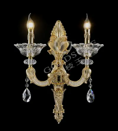 Đèn tường cổ điển đồng màu vàng 24K, 2 bóng