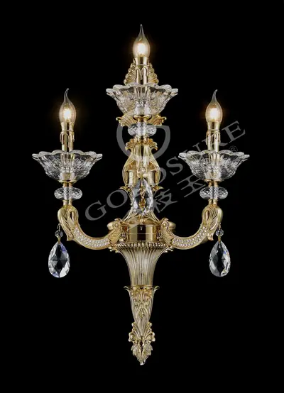 Đèn tường cổ điển đồng màu vàng 24K, 3 bóng