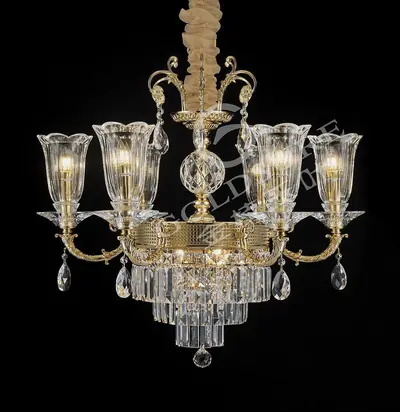 Đèn chùm cổ điển đồng màu vàng 24K, 6 bóng, Ø70 cm