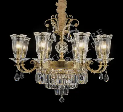 Đèn chùm cổ điển đồng màu vàng 24K, 8 bóng, Ø80 cm