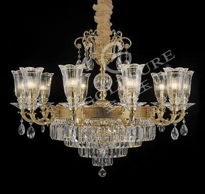 Đèn chùm cổ điển đồng màu vàng 24K, 10 bóng, Ø95 cm