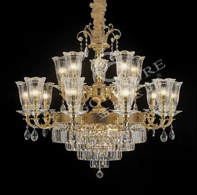 Đèn chùm cổ điển đồng màu vàng 24K, 15 bóng, Ø95 cm