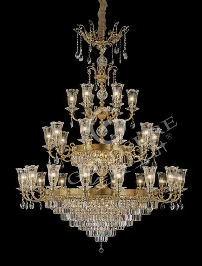 Đèn chùm cổ điển đồng màu vàng 24K, 32 bóng, Ø152 cm