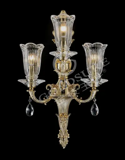 Đèn tường cổ điển đồng màu vàng 24K, 3 bóng