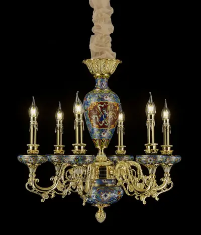 Đèn chùm cổ điển đồng màu vàng 24K, 6 bóng, Ø63 cm