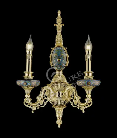 Đèn tường cổ điển đồng màu vàng 24K, 2 bóng, Ø30 cm