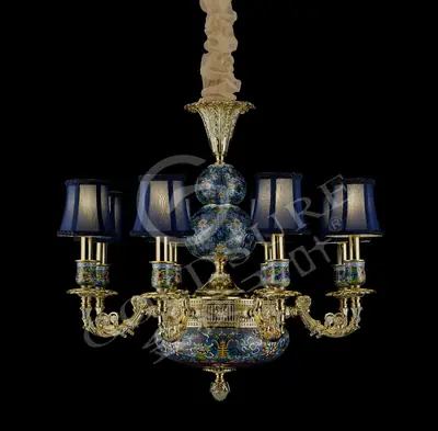 Đèn chùm cổ điển đồng màu vàng 24K, 8 bóng, Ø76 cm (chao vải)