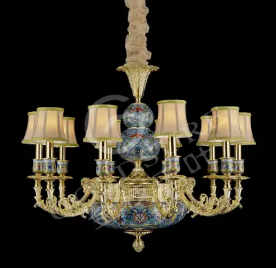 Đèn chùm cổ điển đồng màu vàng 24K, 10 bóng, Ø91 cm (chao vải)