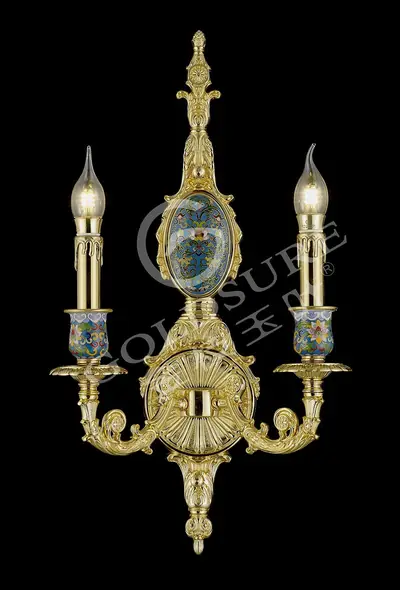 Đèn tường cổ điển đồng màu vàng 24K, 2 bóng, Ø30 cm