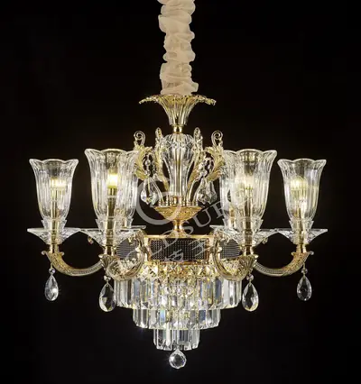 Đèn chùm cổ điển nhôm màu vàng Hàn Quốc, 6 bóng, Ø75 cm