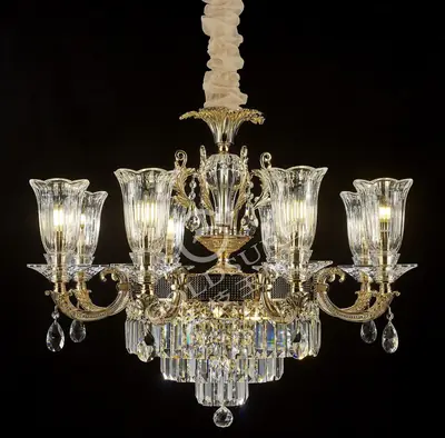 Đèn chùm cổ điển nhôm màu vàng Hàn Quốc, 8 bóng, Ø80 cm