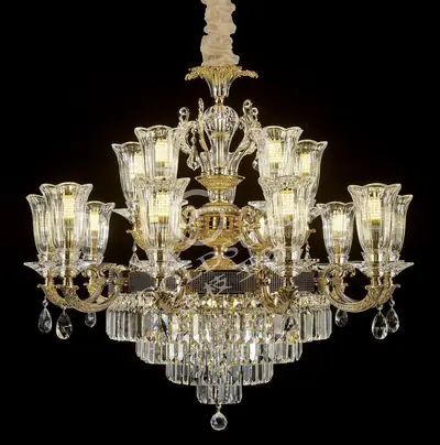 Đèn chùm cổ điển nhôm màu vàng Hàn Quốc, 15 bóng, Ø100 cm