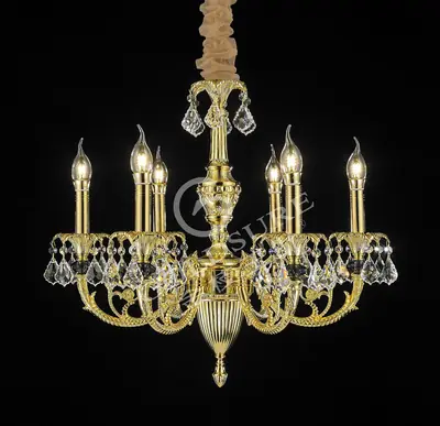Đèn chùm cổ điển đồng màu vàng 24K, 6 bóng, Ø61 cm